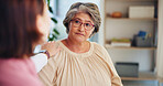 Nurse, patient and helping hand with support for homecare, empathy for news in consultation. Advice, counseling and compassion for kindness with female caregiver for senior care in retirement