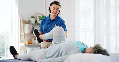 Buy stock photo Senior woman, therapist and stretching legs with assistance, mobility exercise and knee rehabilitation. People, helping and elderly patient with physiotherapy, medical recovery and muscle treatment