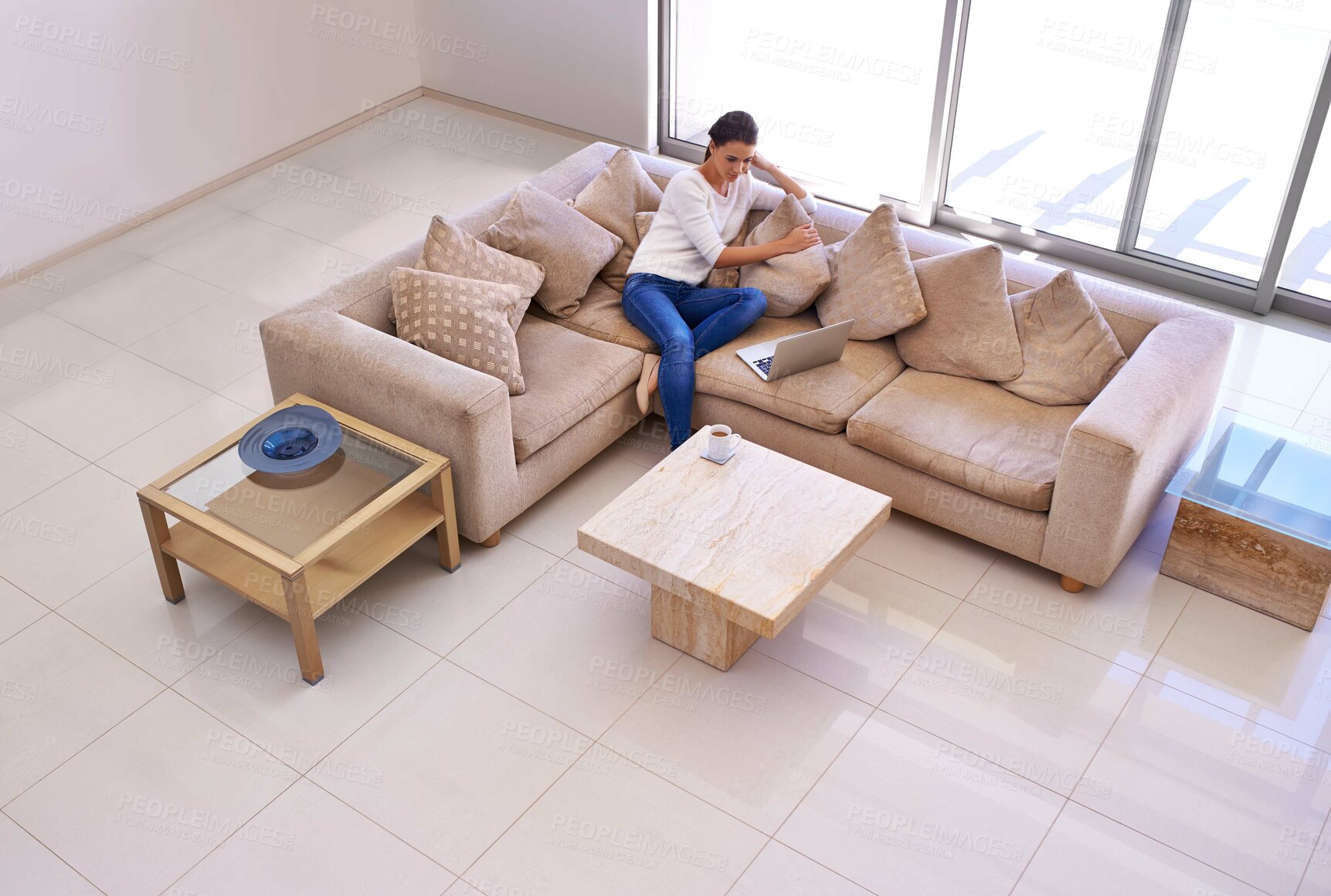 Buy stock photo Home, relax and woman on sofa with laptop for remote work, internet search or website subscription. Computer, online streaming and freelance girl on luxury couch checking social media with high angle