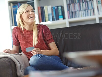 Buy stock photo Tablet, thinking and woman with credit card in home for online shopping decision, choice or payment. Debit, digital technology and happy person laugh on sofa for finance, banking and ecommerce idea