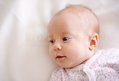 Buy stock photo Above, cute and baby in bedroom for rest, relaxing and calm for curious with blanket in nursery. Family, morning and face of newborn on bed for child development, comfortable and wellness in home