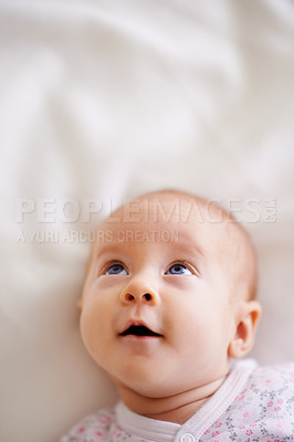 Buy stock photo Above, happy and baby in bedroom for rest, relaxing and calm for curious with blanket in nursery. Family, morning and face of newborn on bed for child development, comfortable and wellness in home