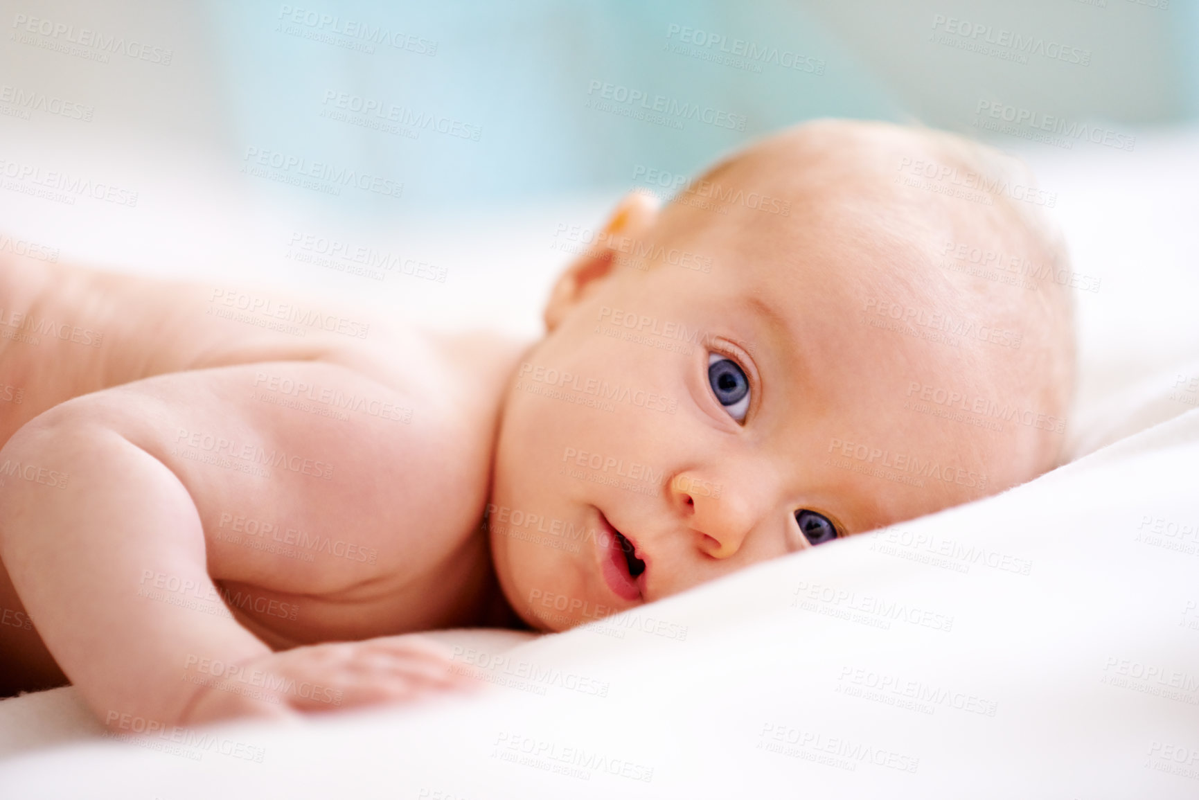 Buy stock photo Baby, bed and resting portrait in house, newborn and comfortable lying in bedroom for care. Bare chest, calm and tummy time or healthy skin benefits, peaceful and duvet for childcare in apartment