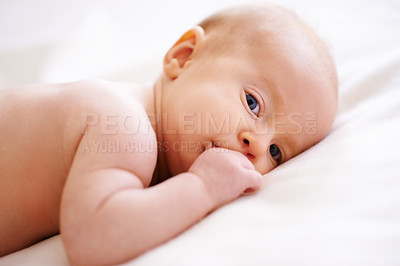 Buy stock photo Thumb, sleep and portrait of baby on bed for rest, relaxing and calm for nap with blanket in nursery. Family, morning and newborn in bedroom for child development, comfortable and wellness in home