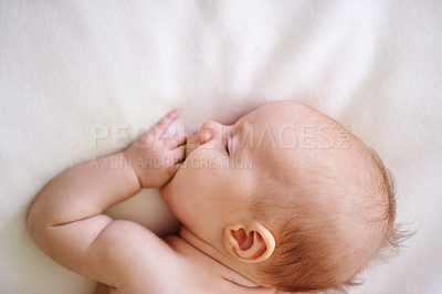 Buy stock photo Above, sleeping and baby on bed for rest, relaxing and calm for nap with infant in nursery. Family, morning and newborn dreaming in bedroom for child development, comfortable and wellness in home