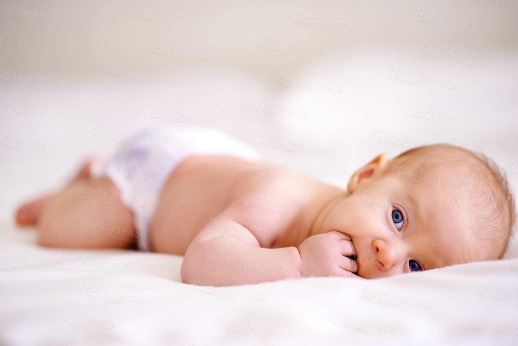 Buy stock photo Cute, morning and portrait of baby on bed for rest, relaxing and calm for nap with infant in nursery. Family, wake up and newborn in bedroom for child development, comfortable and wellness in home