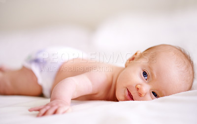 Buy stock photo Baby, bed and infant rest in home, newborn and comfortable lying in bedroom for care. Bare chest, calm and tummy time or healthy skin benefits, peaceful and duvet for childcare in apartment