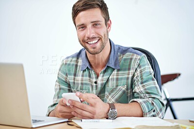 Buy stock photo Programmer, portrait and laptop with office, research and creative work for entrepreneurship. Web designer, technology and website for blogging, email and networking for small business communication