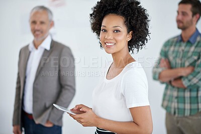 Buy stock photo Tablet, portrait and business woman with clients in office for creative journalism project. Smile, digital technology and female copywriter from Mexico with men customers for blog post research.