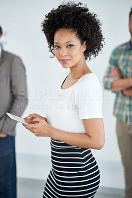 Buy stock photo Tablet, portrait and business woman in office for creative startup company with project research. Smile, career and female copywriter from Spain with digital technology for online blog in workplace.