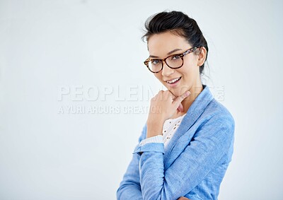 Buy stock photo Portrait, thinking and business woman in office for career, job or startup work in Spain. Face, graphic designer and smile of professional entrepreneur or creative employee with glasses at company