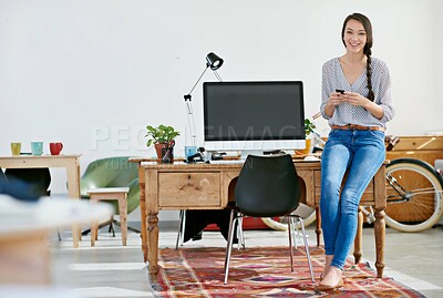 Woman, office and happy on portrait with smartphone for research, online trends and ideas for magazine blog. Employee, female person and smile for creative business, internet and social media