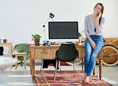 Buy stock photo Business, smile and phone call and woman in office for communication, article and creative magazine agency. Happy, female editor and mobile for social media, chat or information of print publication