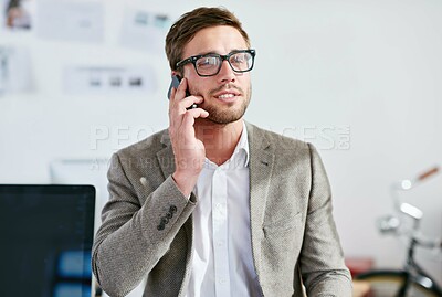 Buy stock photo Phone call, thinking and man in office for creativity, magazine editing and communication or chat. Male person, graphic designer and smartphone in workplace for discussion, networking and success