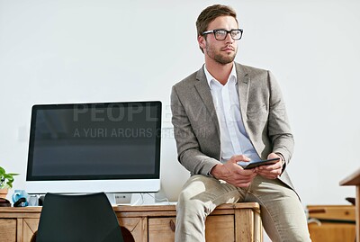 Buy stock photo Office, business man and tablet for thinking, article information and news stories online by workspace. Male employee, content writer and glasses for reading, digital updates and research with ideas