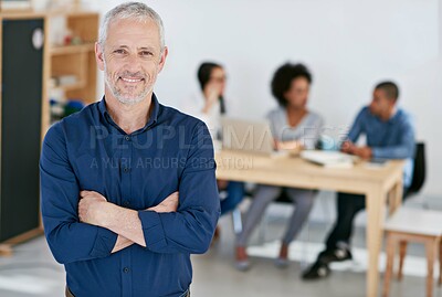Buy stock photo Portrait, employee and mature man with arms crossed, joy and confidence with career ambition. Face, senior person or business with pride, creative agency or smile in modern office or graphic designer