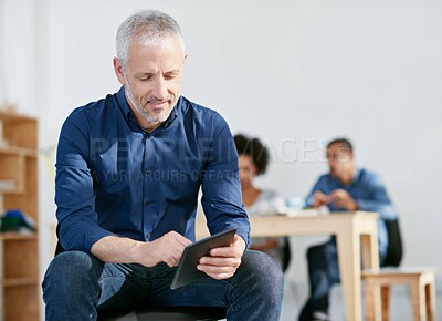 Buy stock photo Office, mature man and tablet for search, article information and news stories online by workspace. Male employee, content editor and scroll for reading, digital updates and browsing for ideas