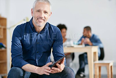 Buy stock photo Portrait, mature man and tablet in office for search, article information and news stories by workspace. Male employee, content editor and scroll for reading, digital updates and browsing for ideas