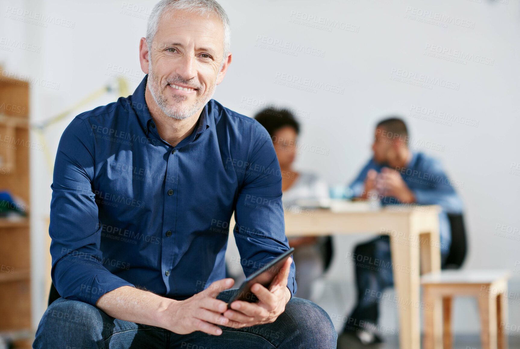 Buy stock photo Portrait, mature man and tablet in office for search, article information and news stories by workspace. Male employee, content editor and scroll for reading, digital updates and browsing for ideas