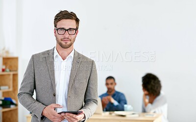 Buy stock photo Office, businessman and portrait with digital tablet for design inspiration, ideas and research online. Creative agency, male employee or graphic designer with tech, website and planning for startup