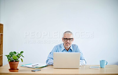 Buy stock photo Business, portrait and man with laptop in office for research, information and writing document for project review. Mature, male person and happy editor with digital, website and email for networking
