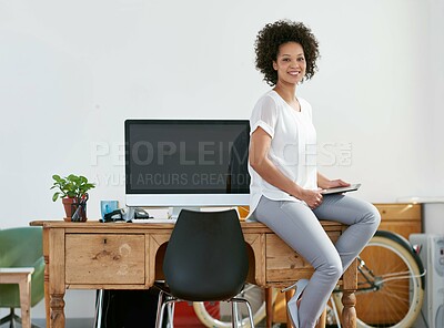 Buy stock photo Woman, portrait and happy in office with tablet for research, online trends and ideas for magazine. Employee, female person and smile or confident for creative business on internet and social media