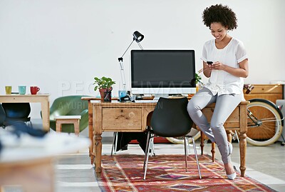 Buy stock photo Woman, office and happy on portrait with smartphone for research, online trends and ideas for magazine. Employee, female person and smile or pride for creative business, growth and social media