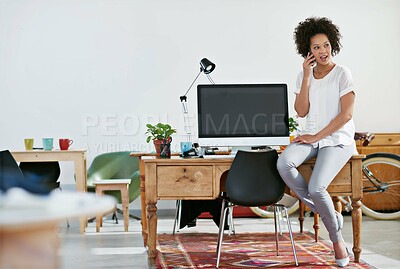 Buy stock photo Woman, office and conversation on phone call with client or customer for model search as casting agent. Employee, female person and small business with communication or networking and discussion