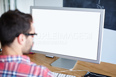 Buy stock photo Photo editor, man and computer screen in office for retouching picture, editing and work for magazine. Back, male person and graphic designer with digital to enhance image and publication for beauty