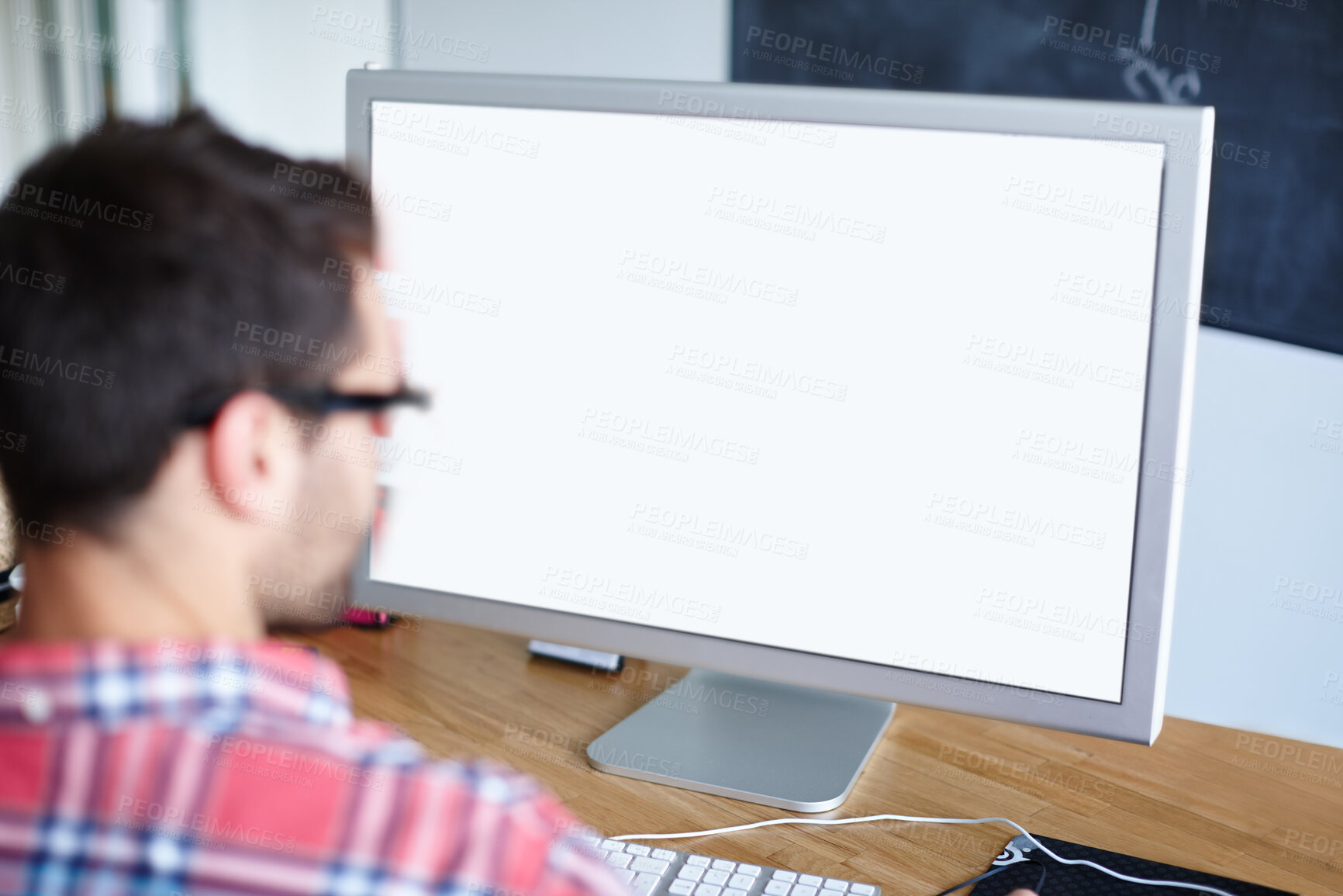 Buy stock photo Photo editor, man and computer screen in office for retouching picture, editing and work for magazine. Back, male person and graphic designer with digital to enhance image and publication for beauty
