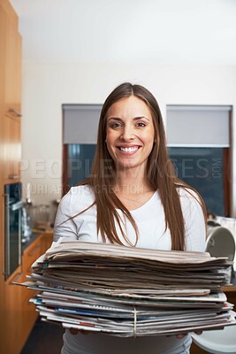 Buy stock photo Recycle, home or portrait of woman with newspaper for sustainable living or cleaning trash. Eco friendly, donate or carrying reusable garbage for waste reduction, renewable energy or recycling junk