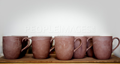 Buy stock photo Ceramic, collection and cups on shelf in home for pottery design, diy hobby and display. Creative background, art studio and mugs with mockup space for decoration, texture and aesthetic in kitchen