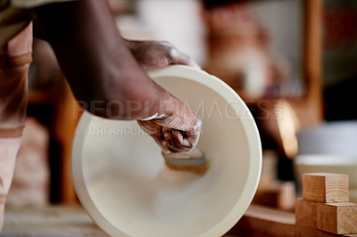 Buy stock photo Workshop, pottery and painting of art, creative and hands with brush for color, retail or startup. Decoration, artist and person with skills for design, small business or talent for sculpture in shop