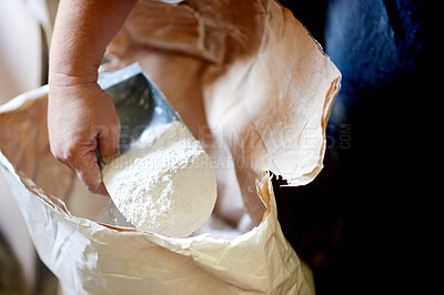 Buy stock photo Pottery, powder and hand of potter in workshop for manufacturing, clay production and small business. Ceramics, studio and person with scoop for measurement, preparation and creativity in startup