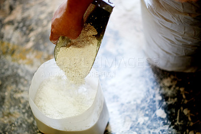 Buy stock photo Hands, person and mixing powder in workshop for pottery glaze, base material and production. Potter, clay and ingredients with mud for mold sculpture, ceramic process and technique of artwork texture