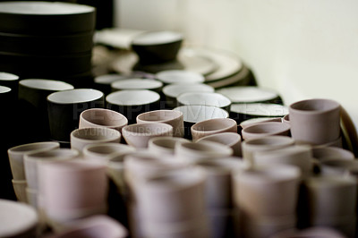 Buy stock photo Collection, pottery and art in small business, design and handmade products for sale or creativity. Retail, craftsmanship and ceramics with color, creation and clay objects with decoration in startup