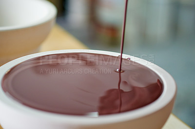 Buy stock photo Pottery, empty studio and paint in ceramics in workshop for coated, creative manufacturing or design. Brown, bowl decoration and pouring process for artistic product, production or small business