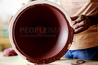 Buy stock photo Pottery, ceramics and hands of person in studio for artisan, sculpture and handicraft talent. Entrepreneur, project and manufacturing with closeup of artist in workshop for small business and hobby