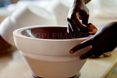 Buy stock photo Pottery, bowl and hands of person in studio, workshop or art process for handmade design. Craft, hobby and artist with manufacturing, unique artwork and creative ceramic at sustainable small business
