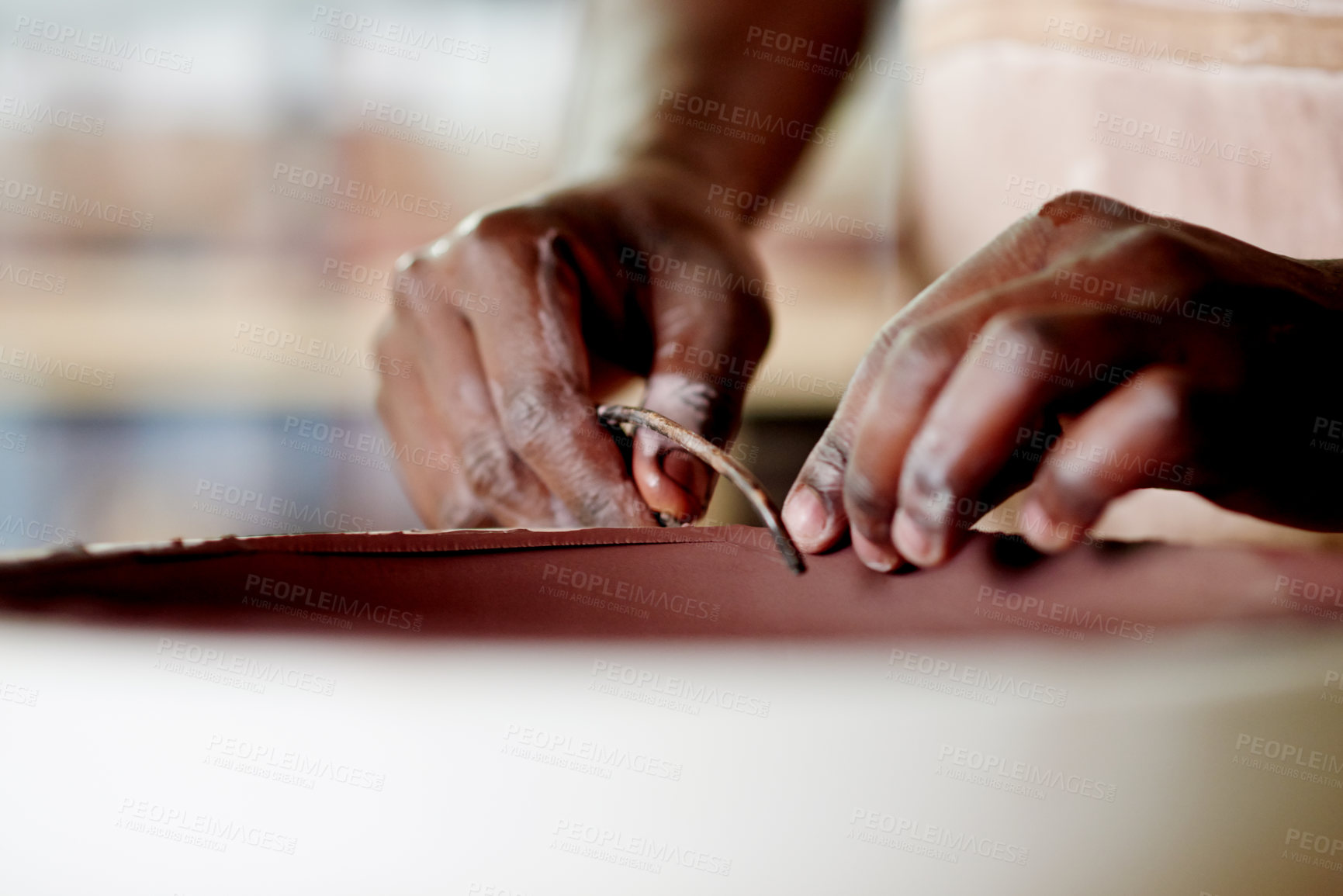 Buy stock photo Hands, clay and pottery with tools at workshop for ceramic manufacturing, craft or process for sculpture. Person, art or equipment for shape, patterns or results with creativity for texture at studio