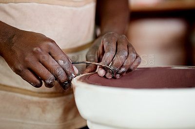 Buy stock photo Ceramics, hands and pottery with person in workshop for molding or sculpting clay closeup. Creative, design and production with potter in manufacturing studio for creation of artisanal earthenware