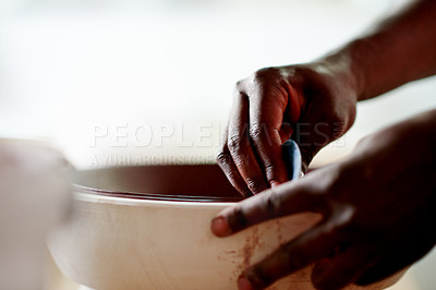 Buy stock photo Sanding, pottery and hands of man in workshop or studio for ceramics, smooth and creative hobby. Artisan, crafting and process with artist person for small business product, clay and bowl design
