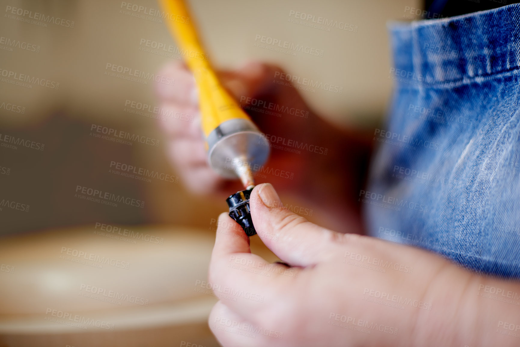 Buy stock photo Workshop, artist and hands with glue, creative and product for joining of artwork, pottery and talent. Productivity, entrepreneur and person with skills for craftsmanship and handcraft for studio