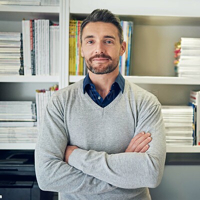 Buy stock photo Businessman, portrait and crossed arms in office, smile and happy teacher with bookshelf and books for information. Educational development, lecturer for university professor or advisor for teaching