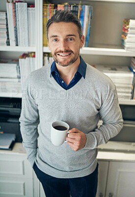 Buy stock photo Professor, portrait and office with teacher man, smile and happy with bookshelf and books for information. Educational development, lecturer for university students or advisor for teaching and coffee