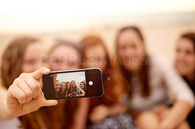 Buy stock photo Phone screen, selfie and girl friends on vacation together for adventure, journey or travel getaway. Happy, mobile or group of people with photography picture on spring break, holiday or weekend trip