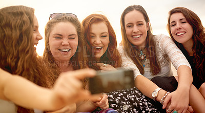 Buy stock photo Outdoor selfie, women and friends with group, support or reunion for social media post on holiday. Smile, happy people or picture for vlog, wellness and bonding for fun memory, photograph or break