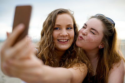 Buy stock photo Outdoor selfie, women and friends with kiss, support or reunion for social media post on holiday. Smile, happy people or picture for vlogging, wellness and bonding for fun memory, photograph or break