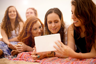 Buy stock photo Outdoor, group and friends with tablet for social media, online streaming and bonding together. People, girls and teenager with digital for news website, blog platform and connection with happiness