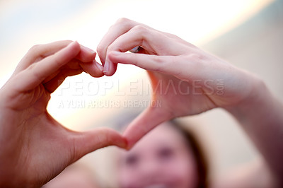 Buy stock photo Love, heart and hands with friends outdoor for support, trust and thank you gesture with connection together. Care sign, closeup and women with kindness emoji for hope, peace and symbol for gratitude